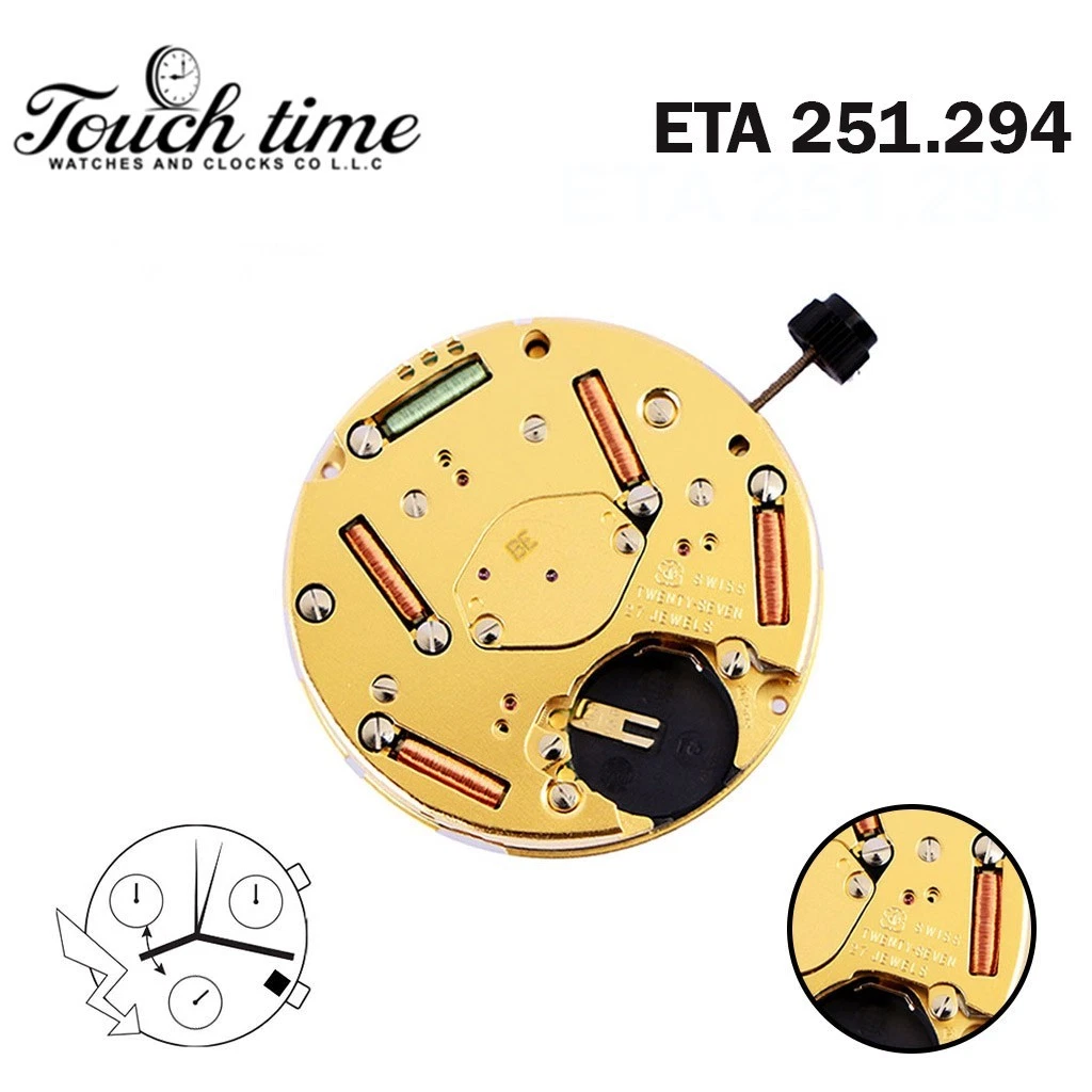 ETA 251.294 Quartz Swiss Movement -27 Jewels-White Date Disk at 4-3 Hands.