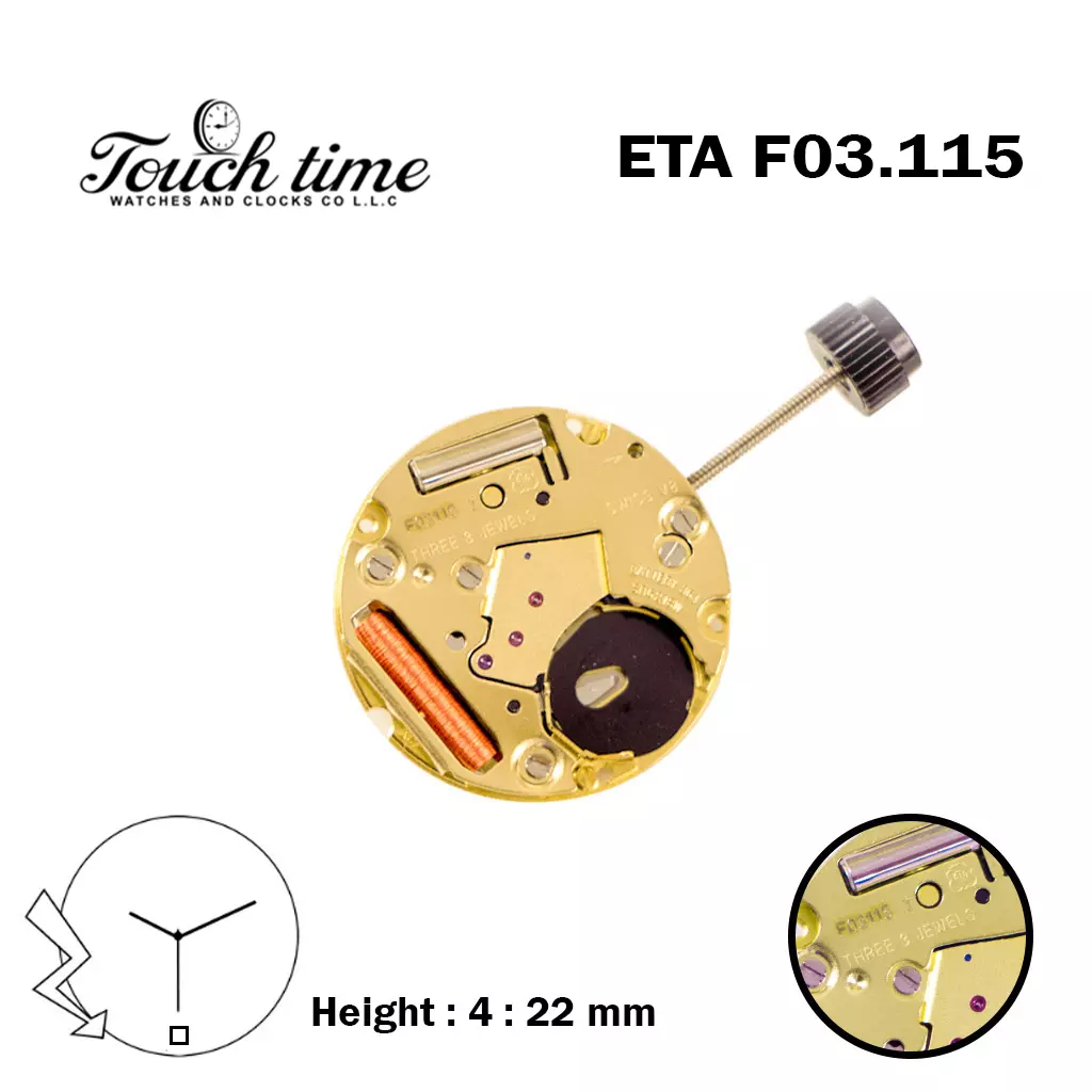 ETA F03.115 Swiss Made Quartz Movement, White Date Disk at 6, Height (4.22mm).