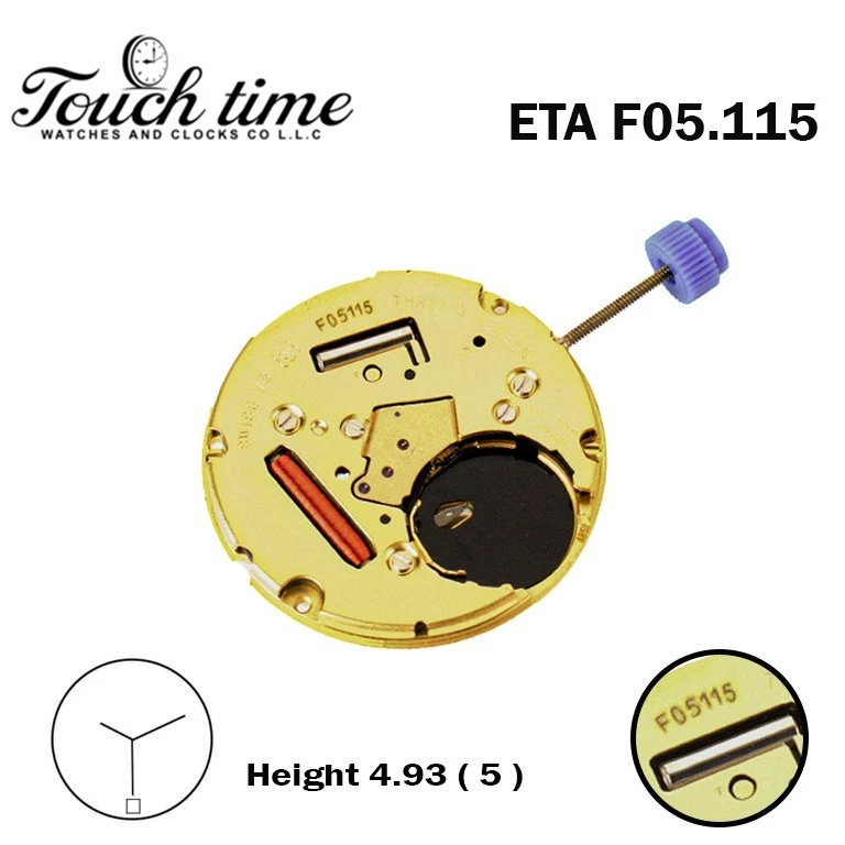 ETA F05.115 Swiss Watch Movement-H:5(4.93mm) -3 Hands- White Date Disk at 6.