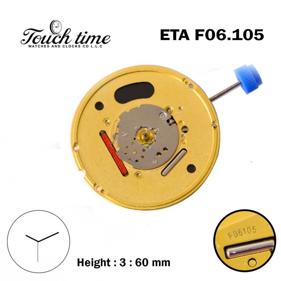 ETA F06.105 Swiss Made Quartz Movement, Without Disk , 3 Hands , Height 3.60mm. thumbnail 2