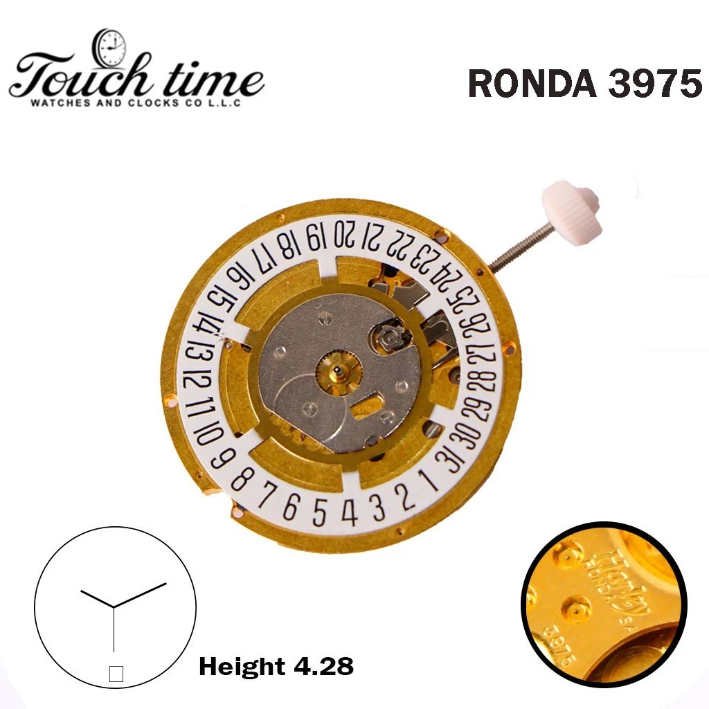 Ronda 3975 Harley Swiss Watch Movement-3 Hands-White Date Disk At 6-Plated Gold. thumbnail 2