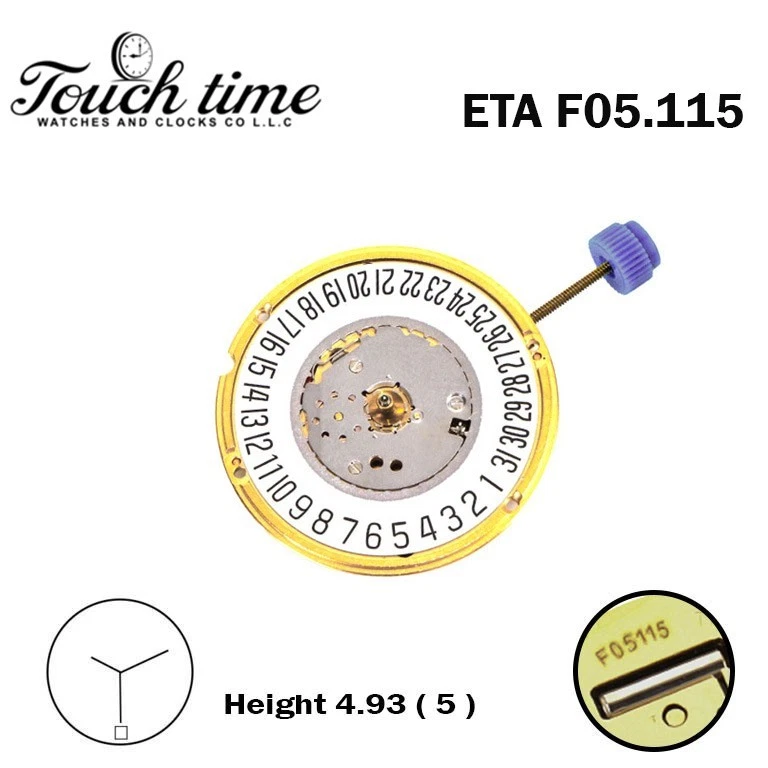 ETA F05.115 Swiss Watch Movement-H:5(4.93mm) -3 Hands- White Date Disk at 6. thumbnail 2