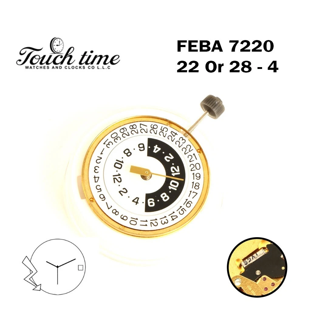 FEBA 7220 22 Or 28 – 4 Swiss Made Watch Movement, 3 Hands, White Date Disk At 3 thumbnail 4