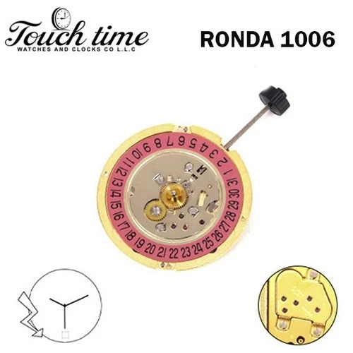 RONDA 1006 حركة سويسرية - 0 Jewels - 3 عقارب - وردي قرص عند 6 - ذهبي Plated - H: 3.67mm. thumbnail 2