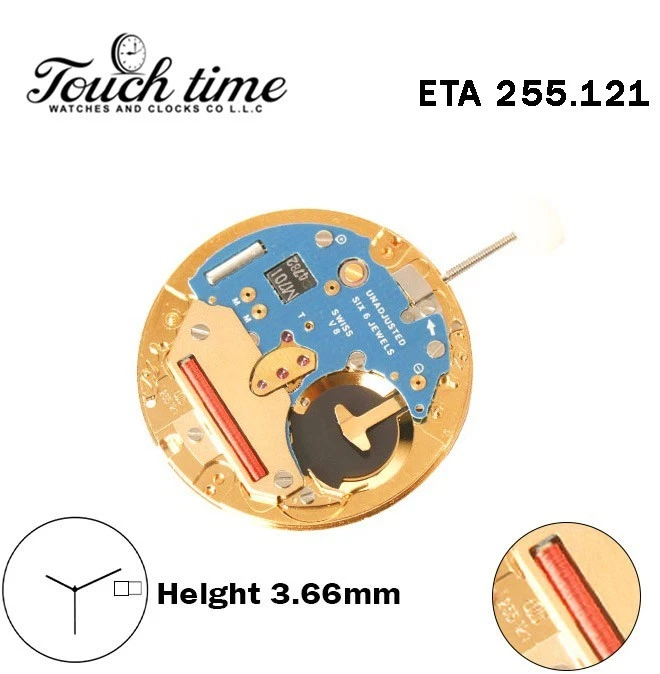 ETA 255.121-Quartz Movement-Height:3.66mm-White Day/Date Disk At 3-3 Hands