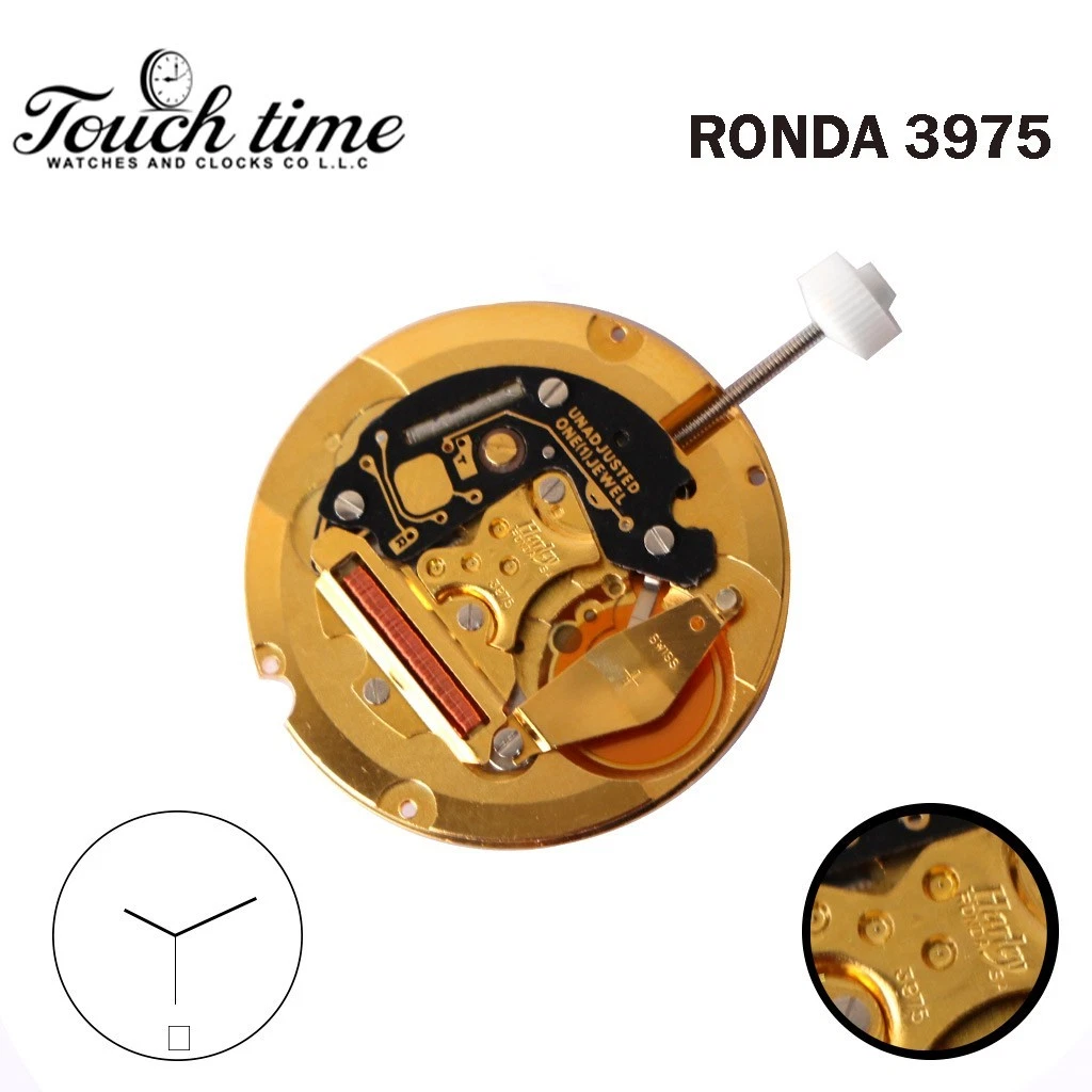 Ronda 3975 Harley Swiss Watch Movement-3 Hands-White Date Disk At 6-Plated Gold.