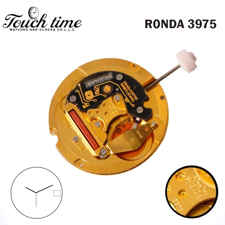 Ronda 3975 Harley Swiss Watch Movement-3 Hands-White Date Disk At 3- Plated Gold.
