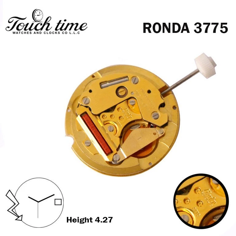 Ronda Harley 3775 Swiss Watch Movement-3 Hands- Gold Date Disk at 3-H:4.27mm-Plated Gold- One Jewels.