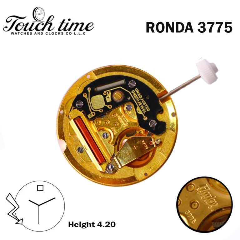 Ronda Harley 3775 Swiss Made Watch Movement-Blue Date Disk at 12-3 Hands-H:4.20-1 Jewels- plated gold.