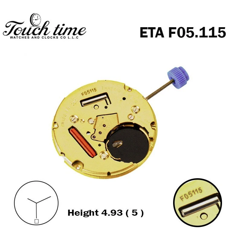 ETA F05.115 Swiss Watch Movement-H:5(4.93mm)-Black Date Disk At 6 -Gold Plated.