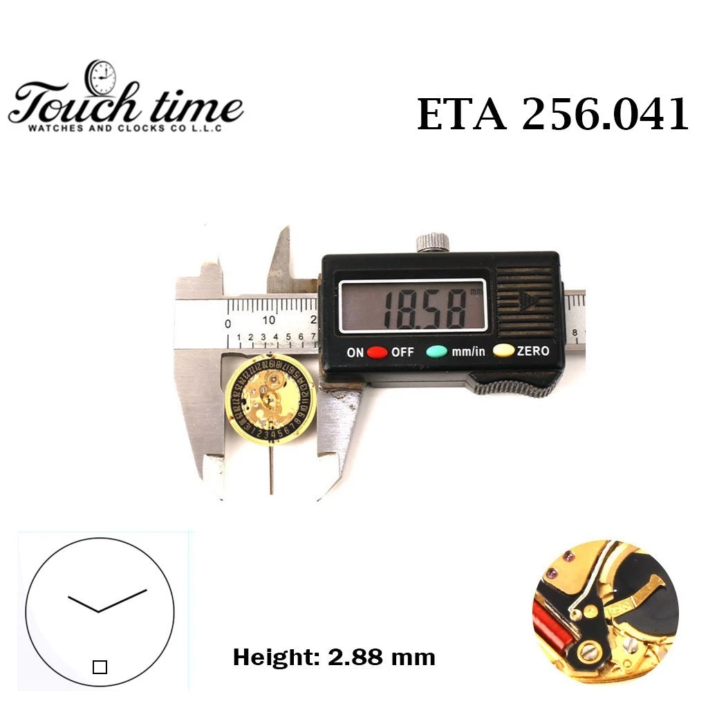 ETA 256.041 سويسري صناعة ساعة حركة - 2 عقارب - أسود قرص التاريخ عند 6 - الارتفاع: 2.88mm . thumbnail 4