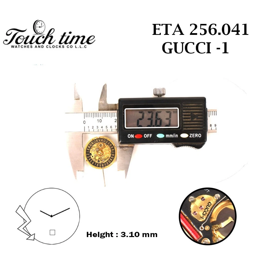 ETA 256.041 GUCCI - 1 سويسري صناعة ساعة حركة - 2 عقارب - أسود قرص التاريخ عند 6 - H: 3.10mm. thumbnail 4