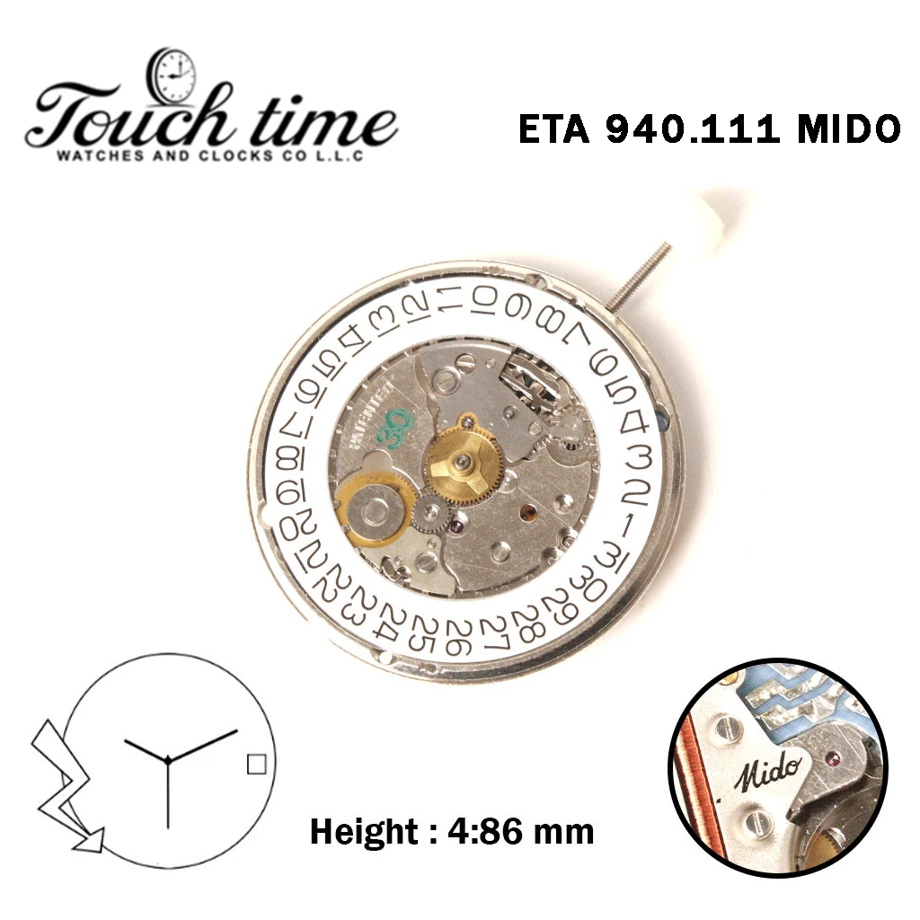 ETA 940.111-MIDO-Swiss Quartz Movement-Height:4.86mm-3 Hands-White Disk At 3. thumbnail 2