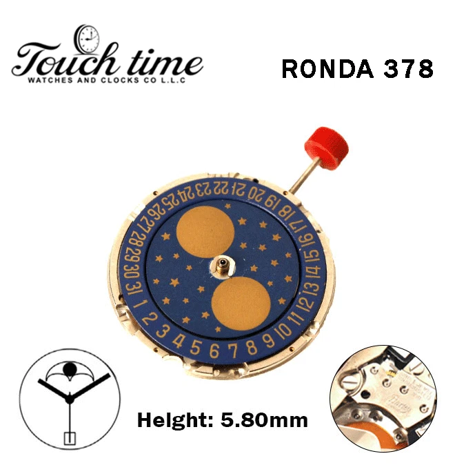 RONDA 378 Swiss Watch Movement-3 Hands-Blue Disk At 6-Moon Phase-Height:5.80mm. thumbnail 2
