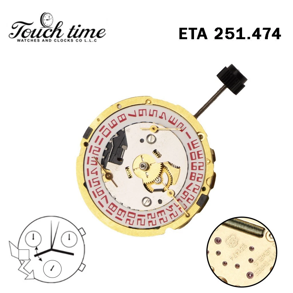 ETA 251.474 Swiss Movement-Chronograph-White Disk At 9-3 Couner-Height:6.58mm. thumbnail 2