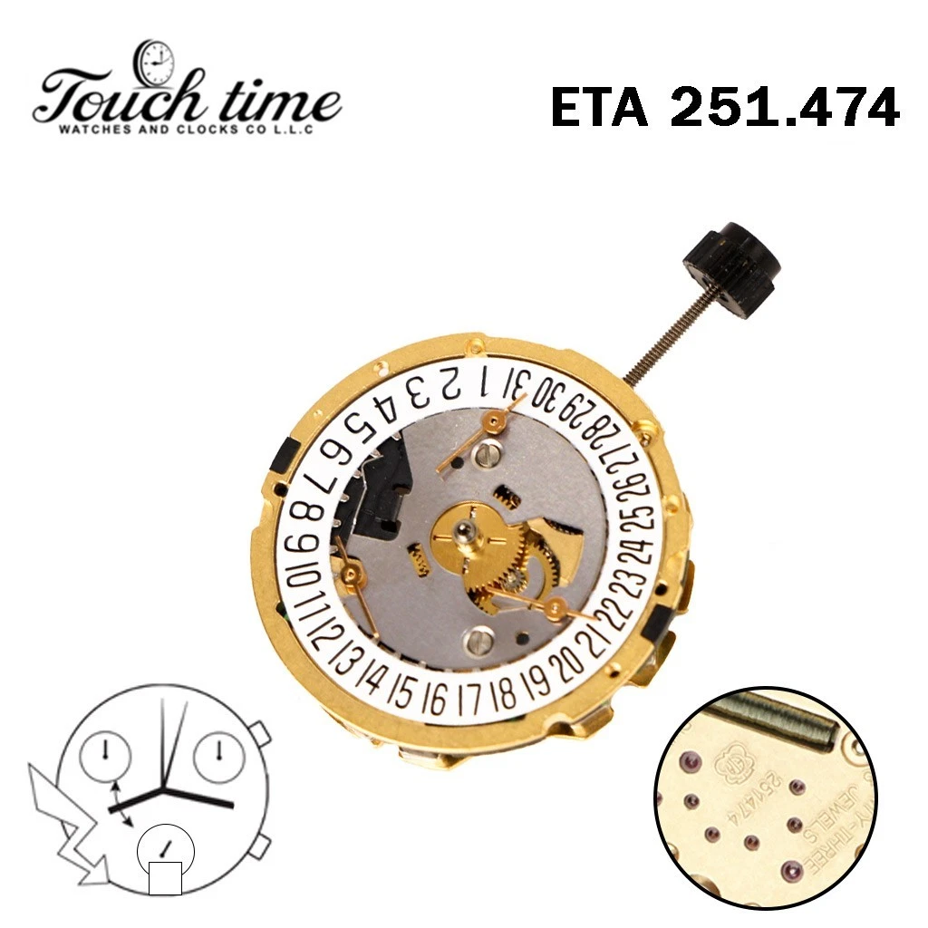 ETA 251.474 حركة سويسرية - Chronograph - أبيض قرص عند 6-3 Couner - الارتفاع: 6.61mm thumbnail 2