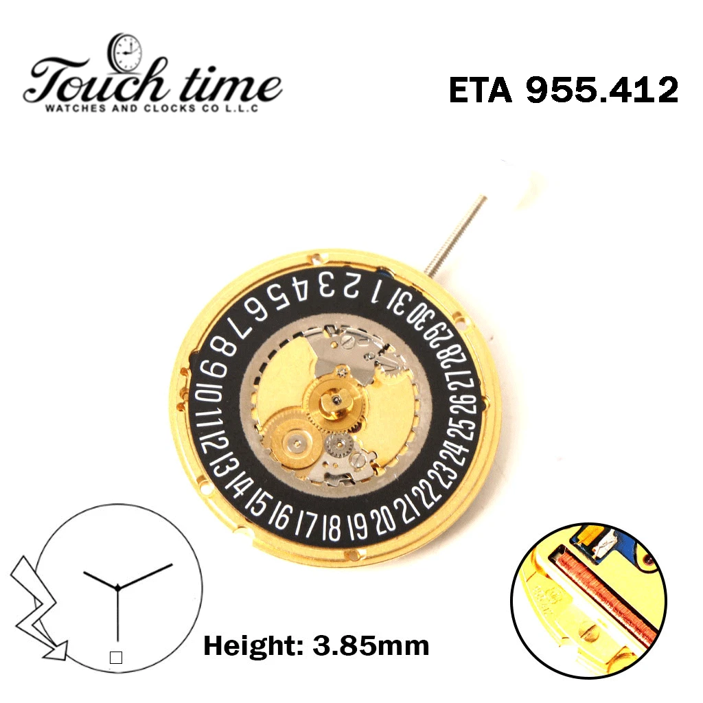 ETA 955.412-Swiss Quartz Movement-H:1(3.85mm)-Black Disk At 6 -3 Hands thumbnail 2