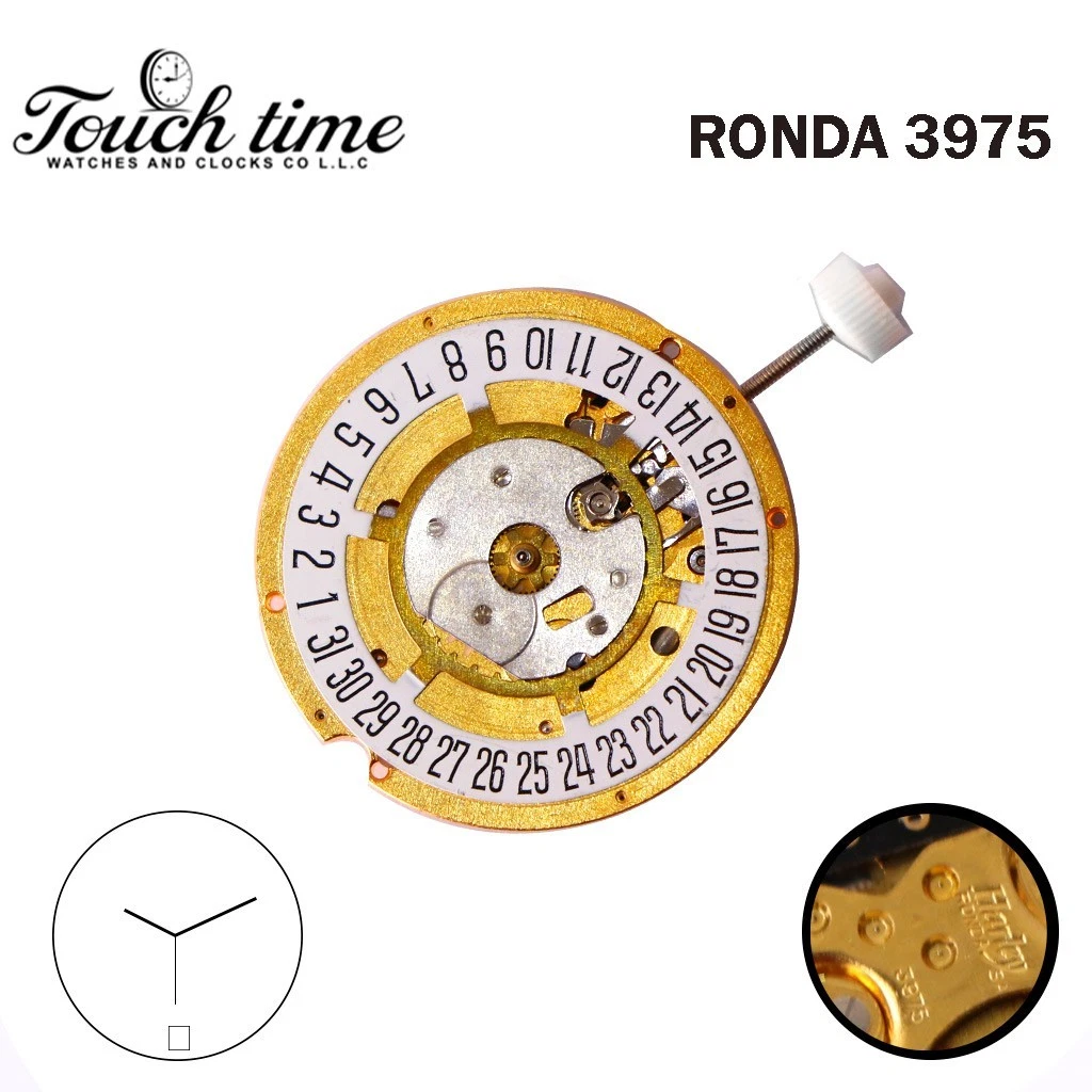 Ronda 3975 Harley Swiss Watch Movement-3 Hands-White Date Disk At 6-Plated Gold. thumbnail 2