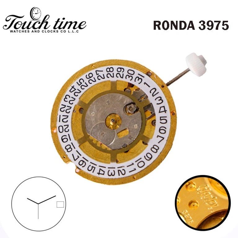 Ronda 3975 Harley سويسري ساعة حركة - 3 عقارب - أبيض قرص التاريخ عند 3 - Plated ذهبي. thumbnail 2