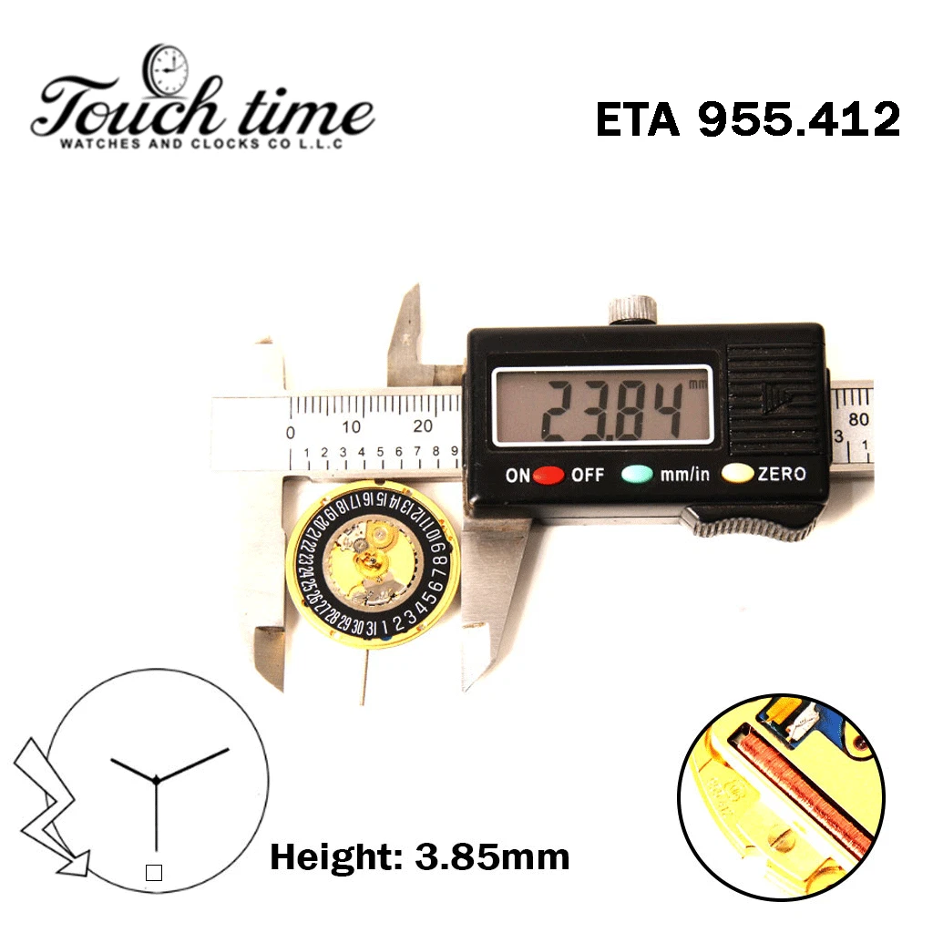 ETA 955.412-Swiss Quartz Movement-H:1(3.85mm)-Black Disk At 6 -3 Hands thumbnail 4