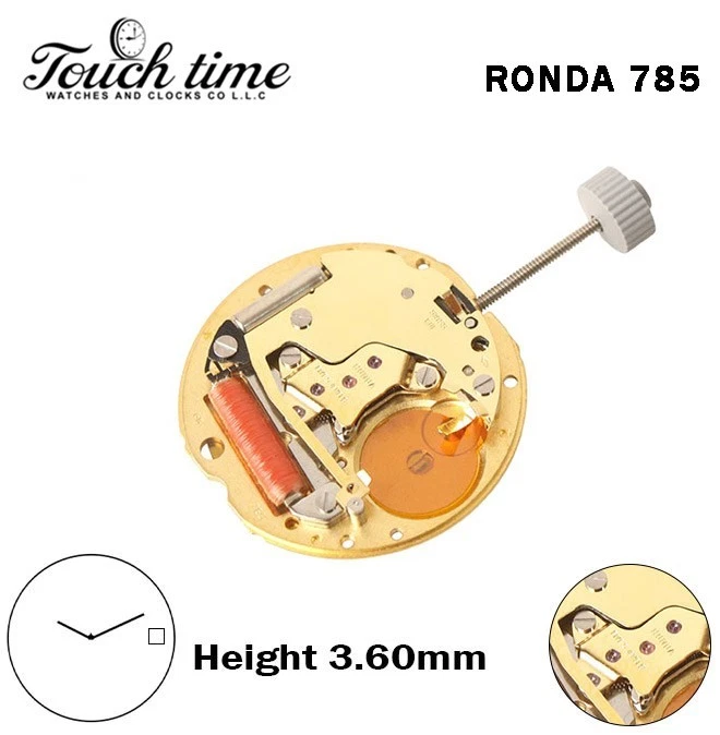 RONDA 785 Swiss Quartz Movement–2 Hands–White Disk at 3–Gold Circuit–Height 3.60mm