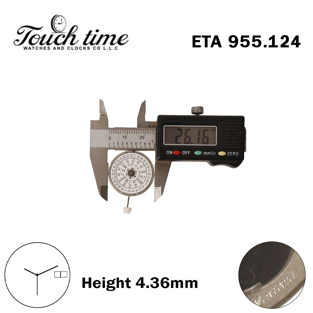ETA 955.124 كوارتز حركة سويسرية - أبيض Day/قرص التاريخ عند 3-3 عقارب - H: 4.36mm - English/Spanish Day Language. thumbnail 4
