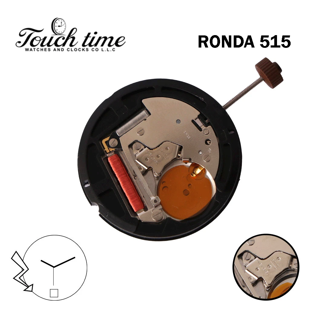 Ronda 515 Swiss Quartz Movement , White Date Disk at 6, 3 Hands.