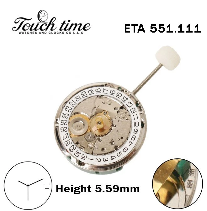ETA 551.111 حركة سويسرية - أبيض قرص عند 3 - الارتفاع: 5.59mm - 3 عقارب. thumbnail 2