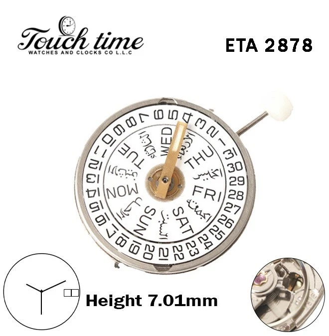 ETA 2878-Swiss Quartz Movement-White Date& EN/AR Day Disk At 3-Height:7.01mm-3 Hands. thumbnail 2