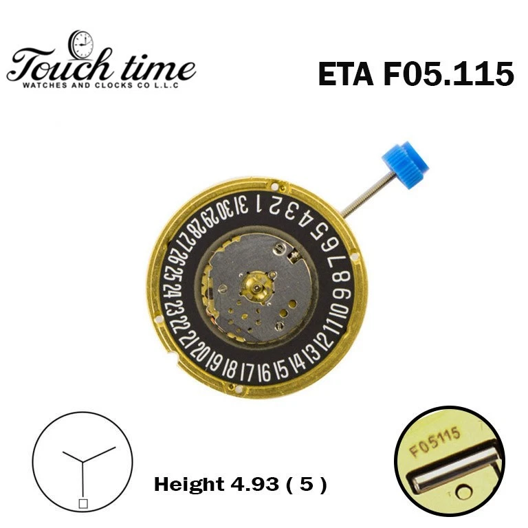ETA F05.115 Swiss Watch Movement-H:5(4.93mm)-Black Date Disk At 6 -Gold Plated. thumbnail 2
