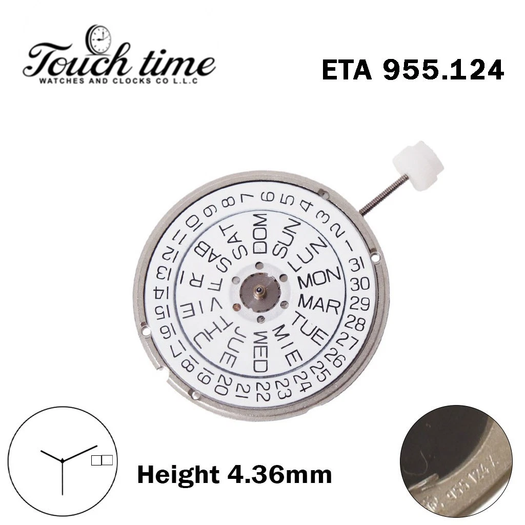 ETA 955.124 كوارتز حركة سويسرية - أبيض Day/قرص التاريخ عند 3-3 عقارب - H: 4.36mm - English/Spanish Day Language. thumbnail 2