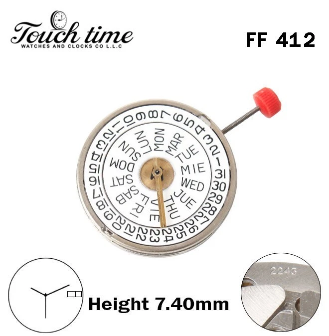 FF 412-Standing-Swiss Quartz Movement-White Day/Date Disk At 3-H:7.40mm-3 Hands. thumbnail 2