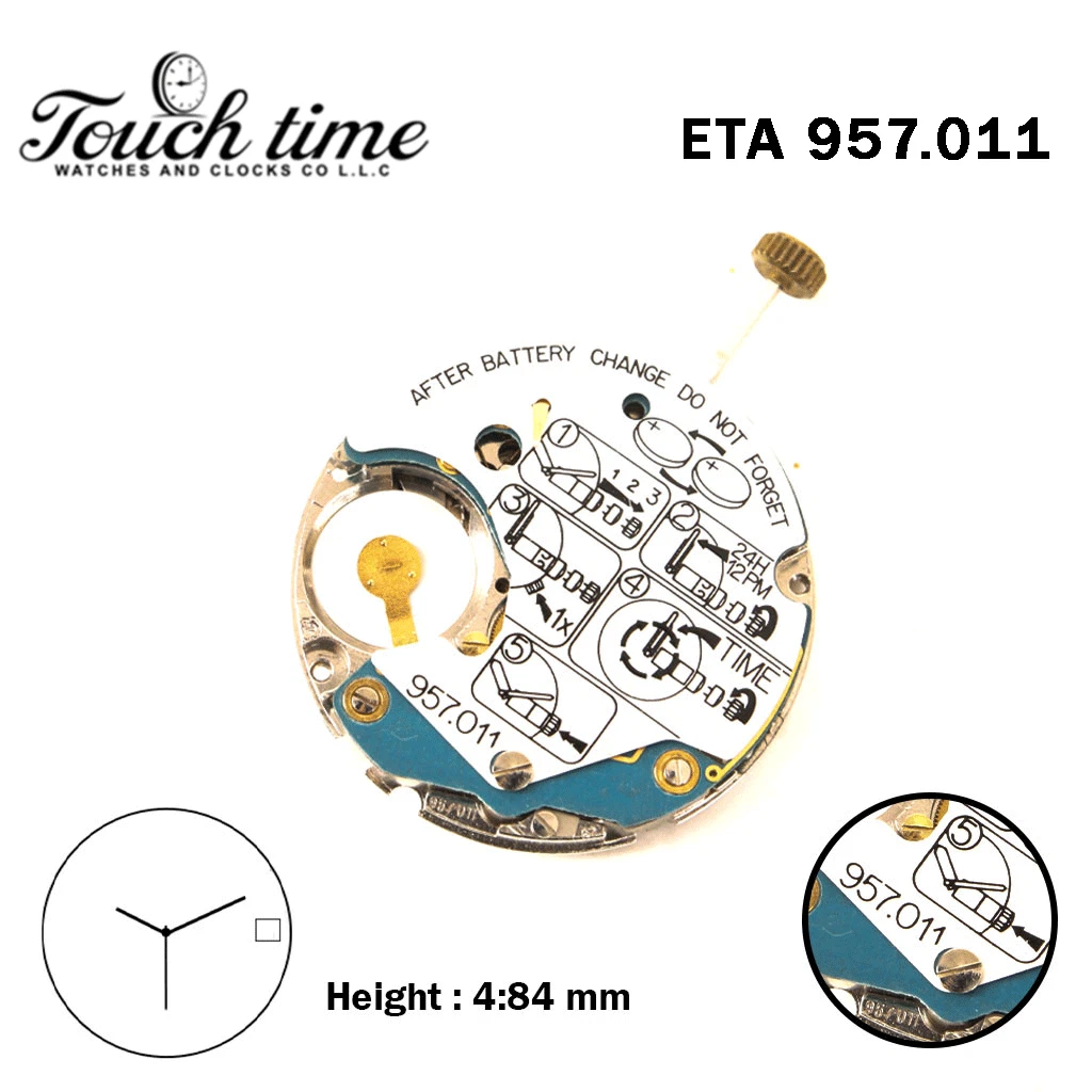 ETA 957.011-Swiss Quartz Movement-White Date/Day Disk At 3 -3 Hands.
