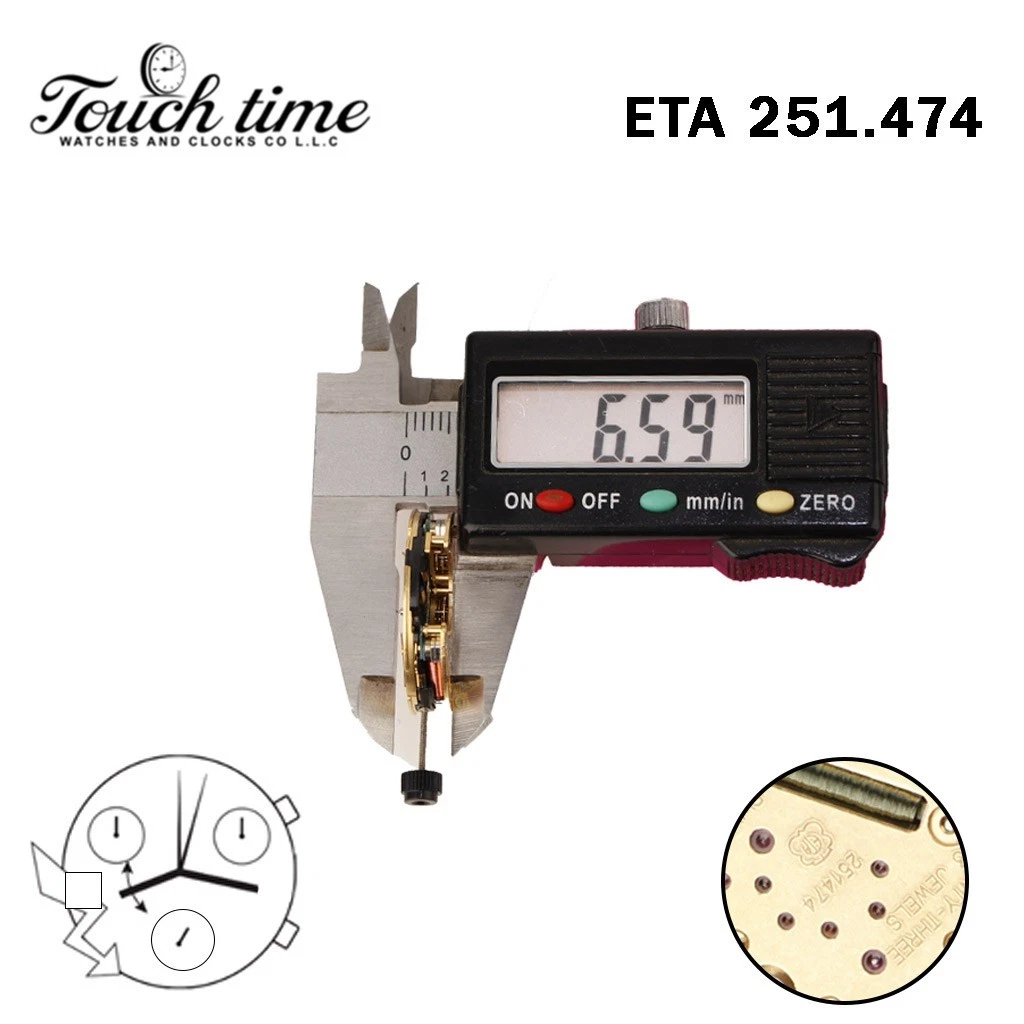 ETA 251.474 Swiss Movement-Chronograph-White Disk At 9-3 Couner-Height:6.58mm. thumbnail 3