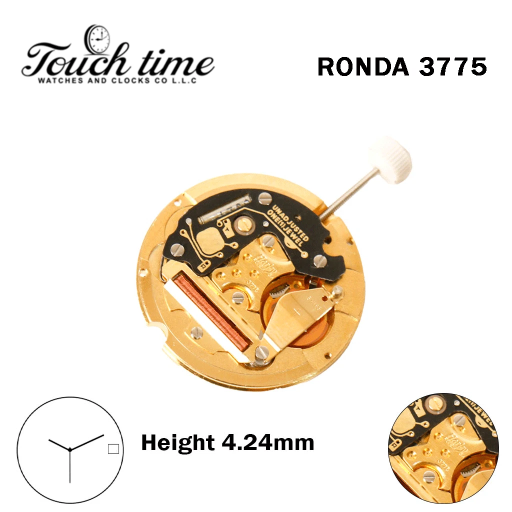 RONDA 3775 Swiss Watch Movement-3 Hands-Gold Date Disk At 3-Height:4.24mm.