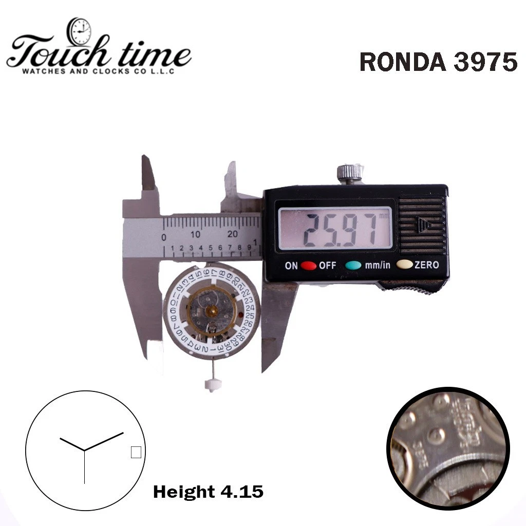 Ronda 3975 Harley Swiss Watch Movement-3 Hands-White Date Disk At 3-H:4.15mm-Plated Silver. thumbnail 4