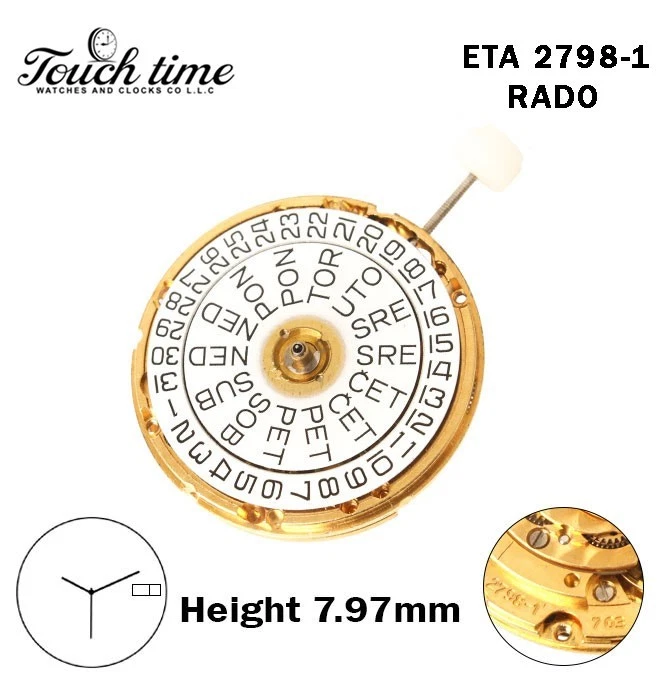 ETA 2798-1-RADO-Swiss Movement-3 Hands-White Slavic Day/Date Disk At 3-H:7.97mm. thumbnail 2