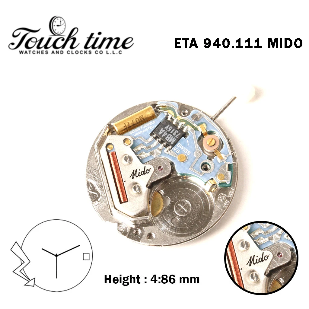 ETA 940.111-MIDO-Swiss Quartz Movement-Height:4.86mm-3 Hands-White Disk At 3.