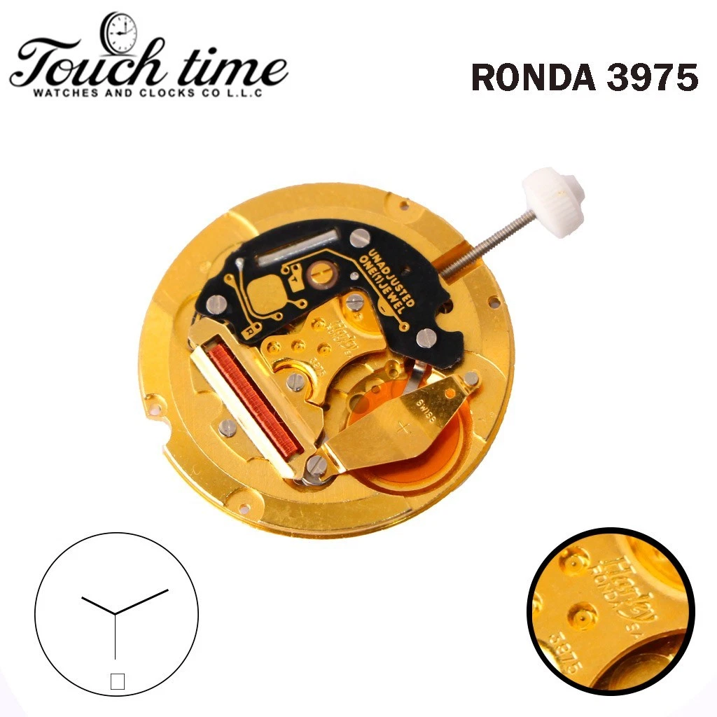 Ronda 3975 Harley Swiss Watch Movement-3 Hands-Gold Date Disk At 6-Plated Gold.