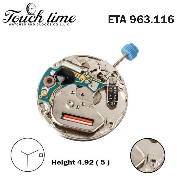 ETA 963.116Or 963.114 Swiss Quartz Movement-3 Hands-White Date Disk At 3-H:4.92mm -Color Silver.