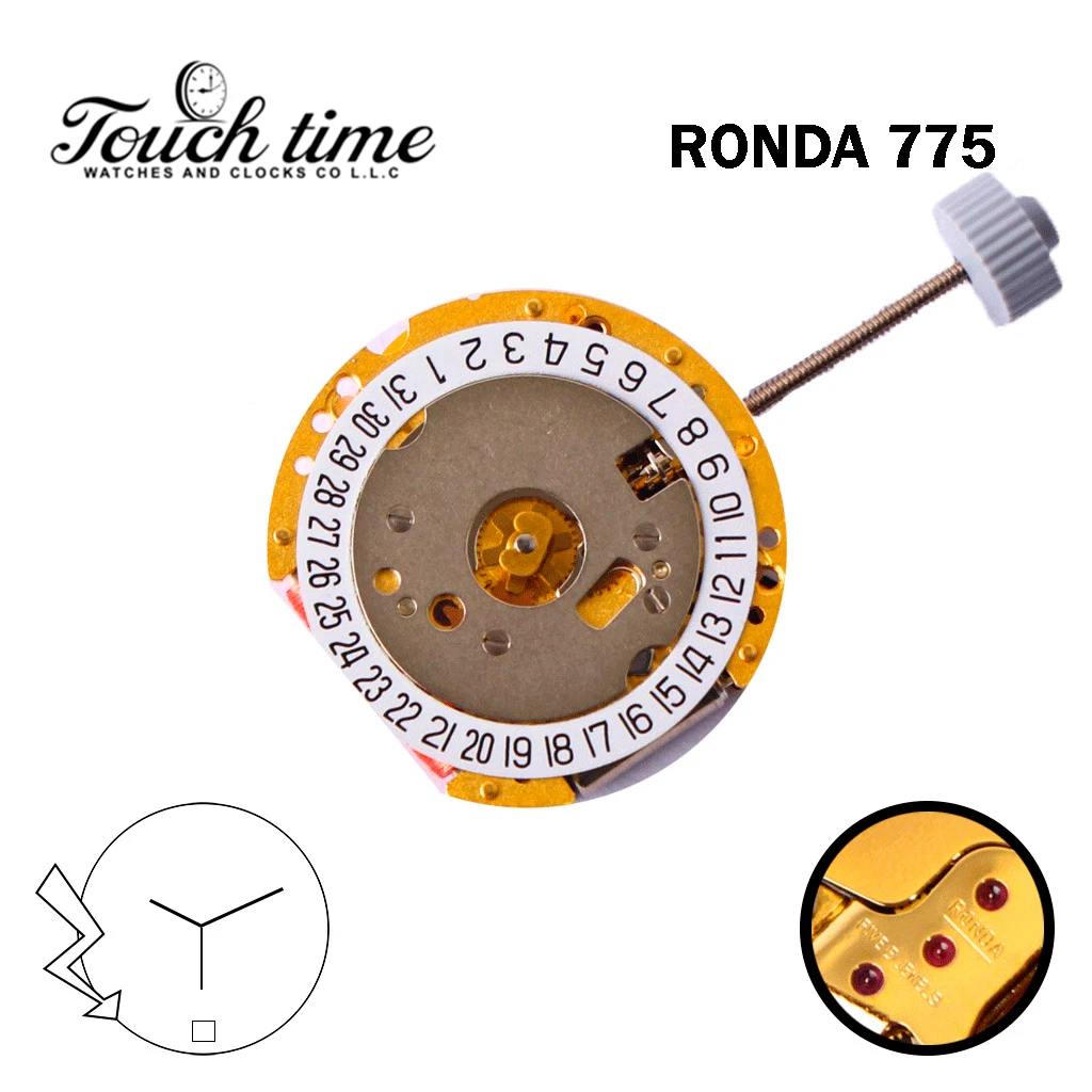 RONDA 775 حركة كوارتز سويسرية - أبيض قرص التاريخ عند 6-3 عقارب - الارتفاع: 3.67mm. thumbnail 2