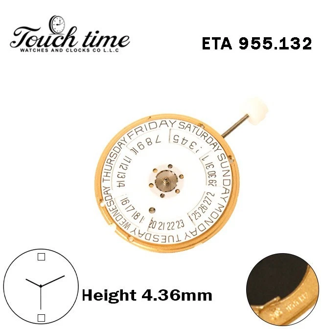 ETA 955.132-Swiss Quartz Movement-H:4.36mm-White Day/Date Disk At 12-3 Hands thumbnail 2