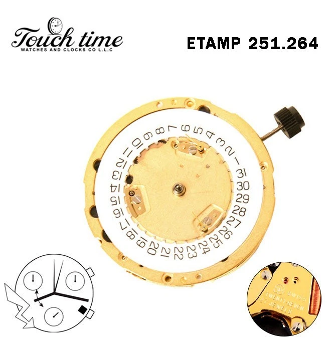 ETA 251.264-Swiss Quartz Movement-Height:7.38mm-White Date Disk At 4-3 Hands. thumbnail 2