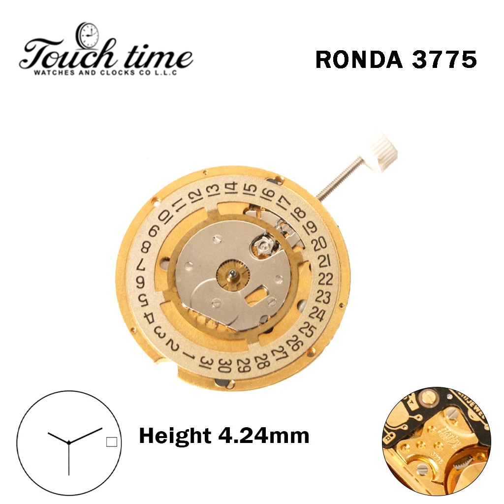 RONDA 3775 -Harley-Swiss Watch Movement-3 Hands-Gold Disk At 3-Height:4.24mm. thumbnail 2